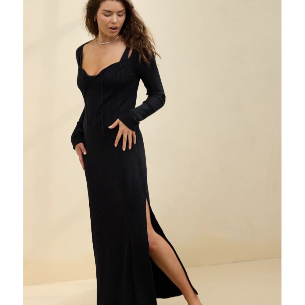 Aerie Front Tie Ribbed Maxi Dress Women Sz S Side Slit Stretch Long Sleeve Black